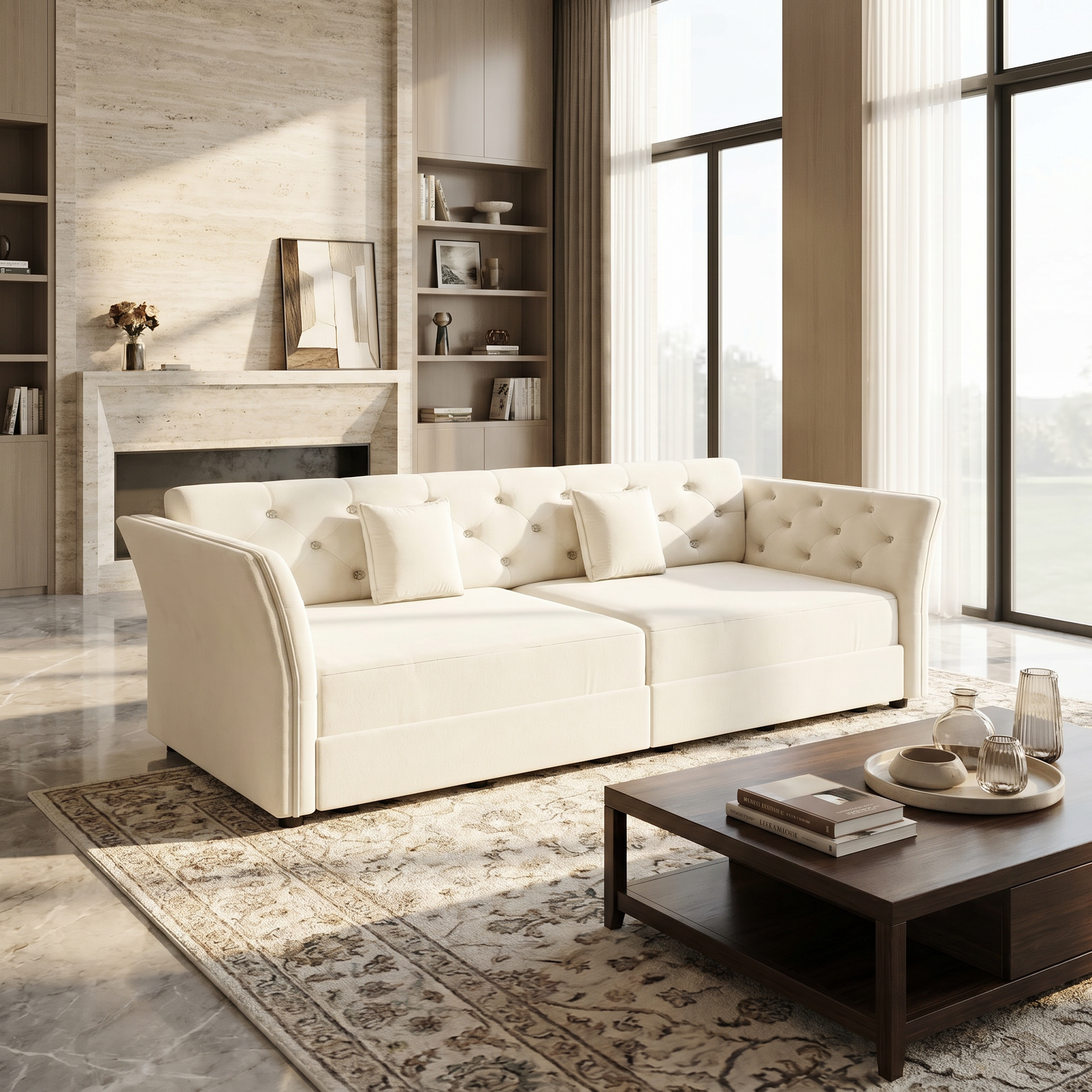 Brockton beige sleeper sofa showing velvet tufted design in modern luxury living room with tall windows
