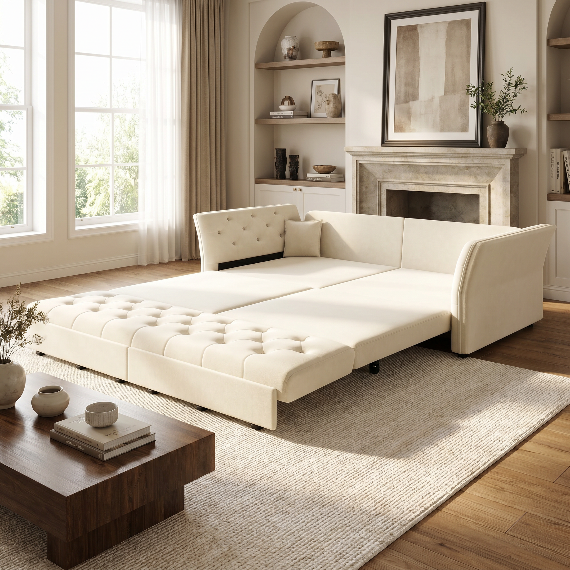 Brockton beige sleeper sofa showing expanded queen bed setup in warm neutral living room with fireplace