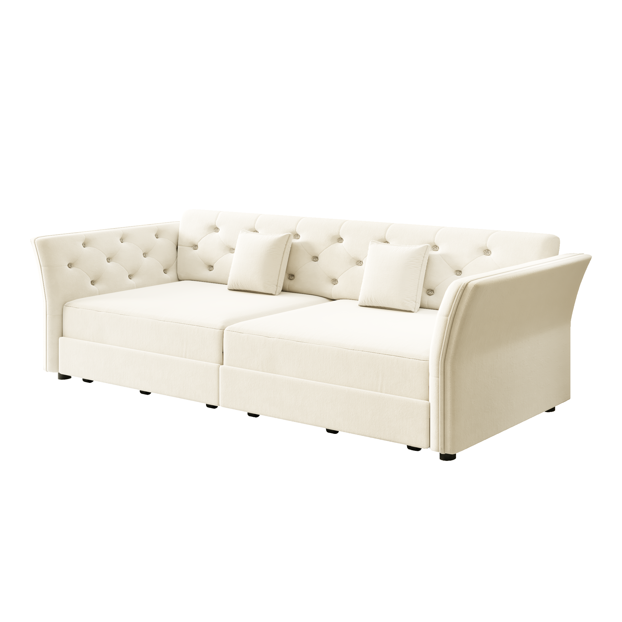 Brockton beige sleeper sofa showing angled front tufted velvet sofa image isolated on white background