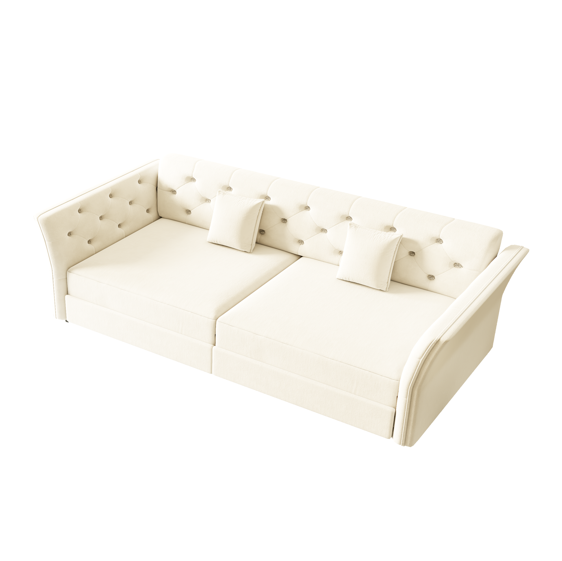 Brockton beige sleeper sofa showing elevated angled tufted sofa image isolated on white background