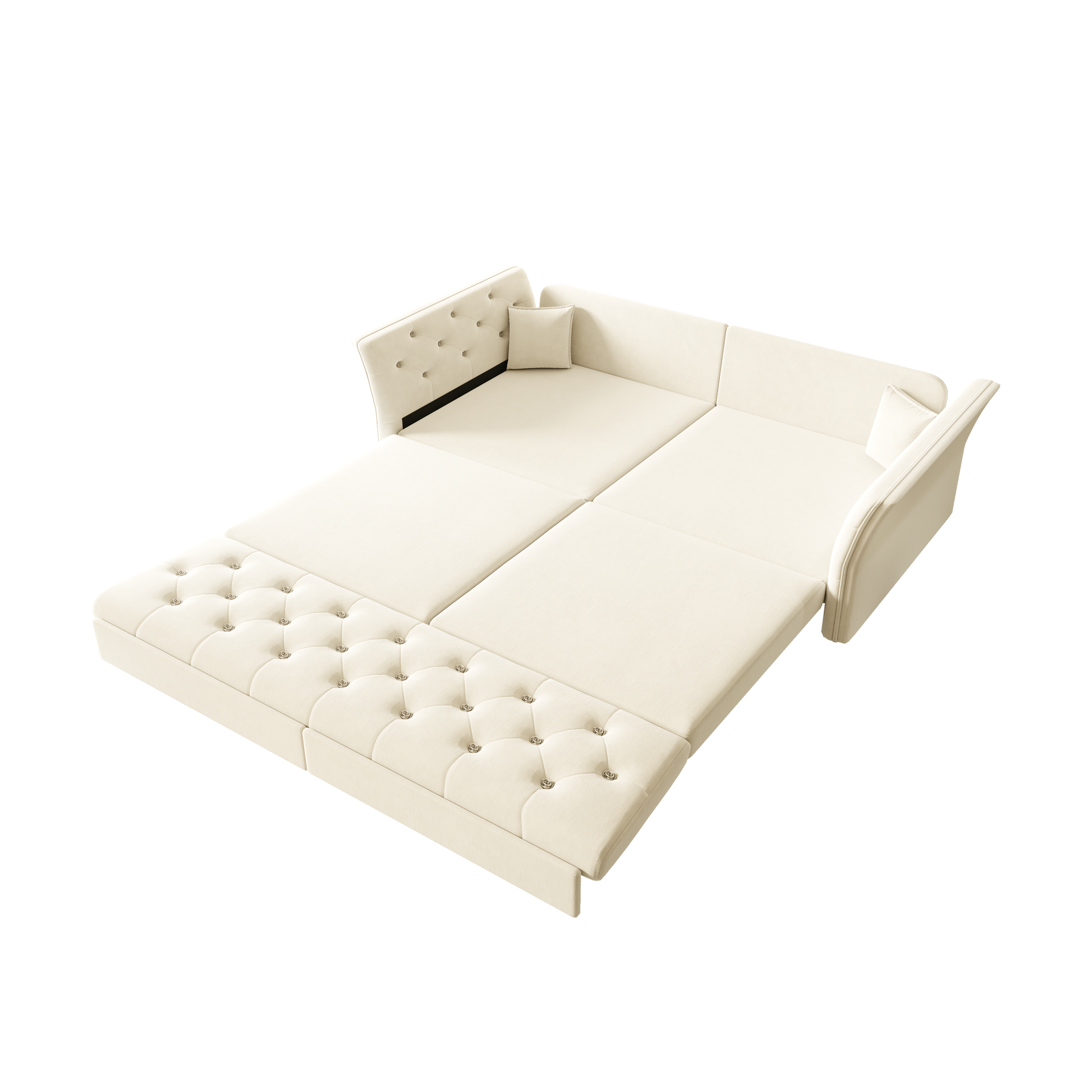 Brockton beige sleeper sofa showing angled queen sleeper bed setup isolated on white background