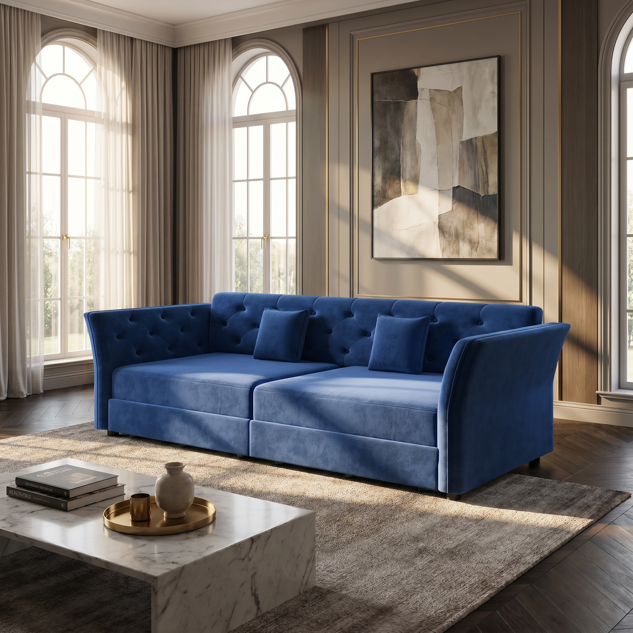 Brockton blue sleeper sofa showing tufted velvet seating in elegant living room with tall windows and wall art