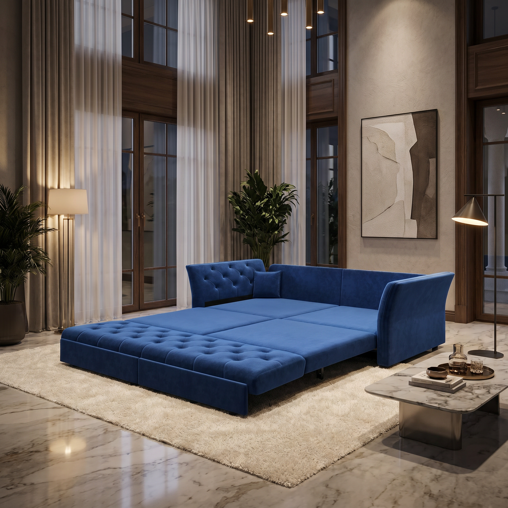 Brockton blue sleeper sofa showing queen pull out bed setup in modern luxury living room with floor lamps