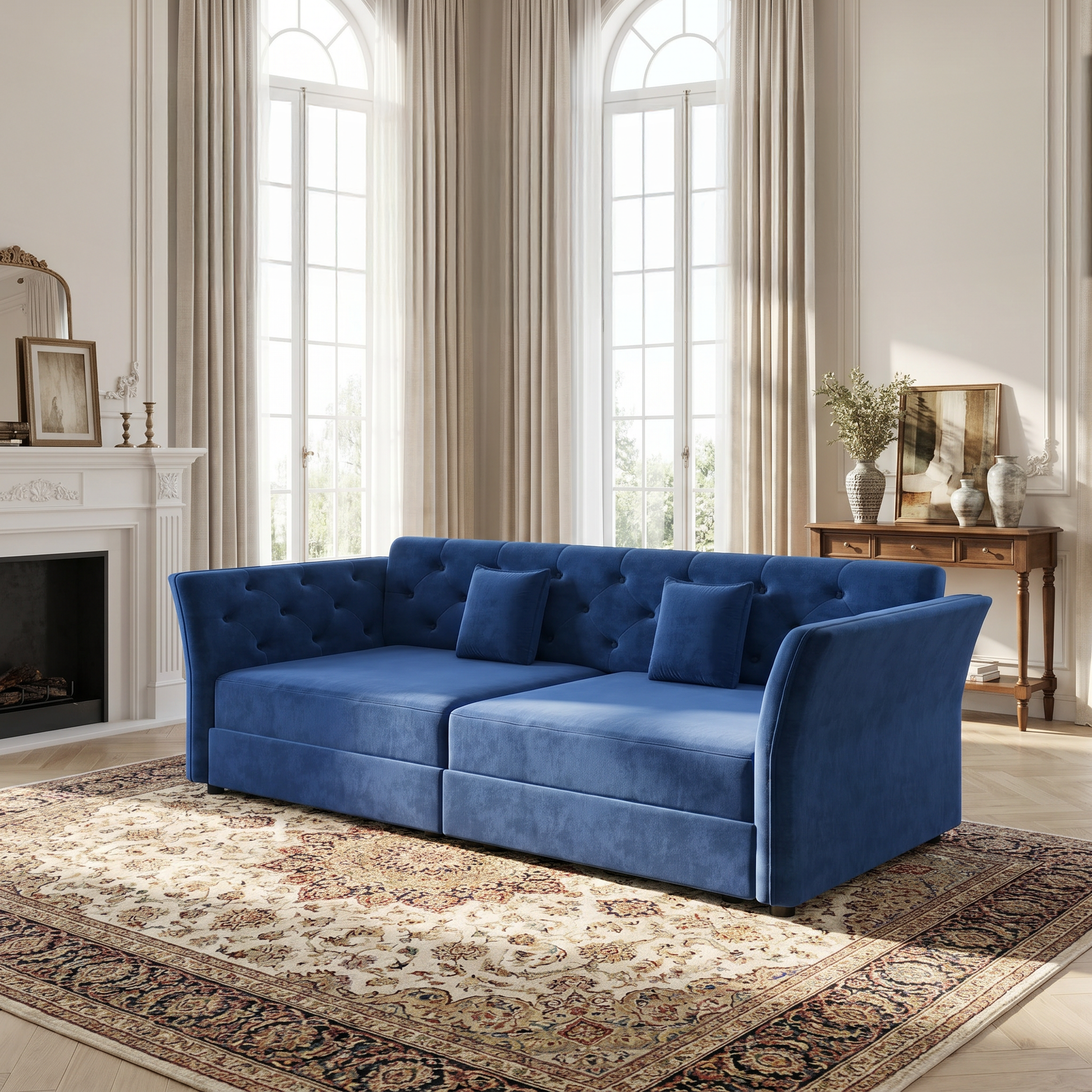 Brockton blue sleeper sofa styled in bright classic living room with fireplace and patterned area rug