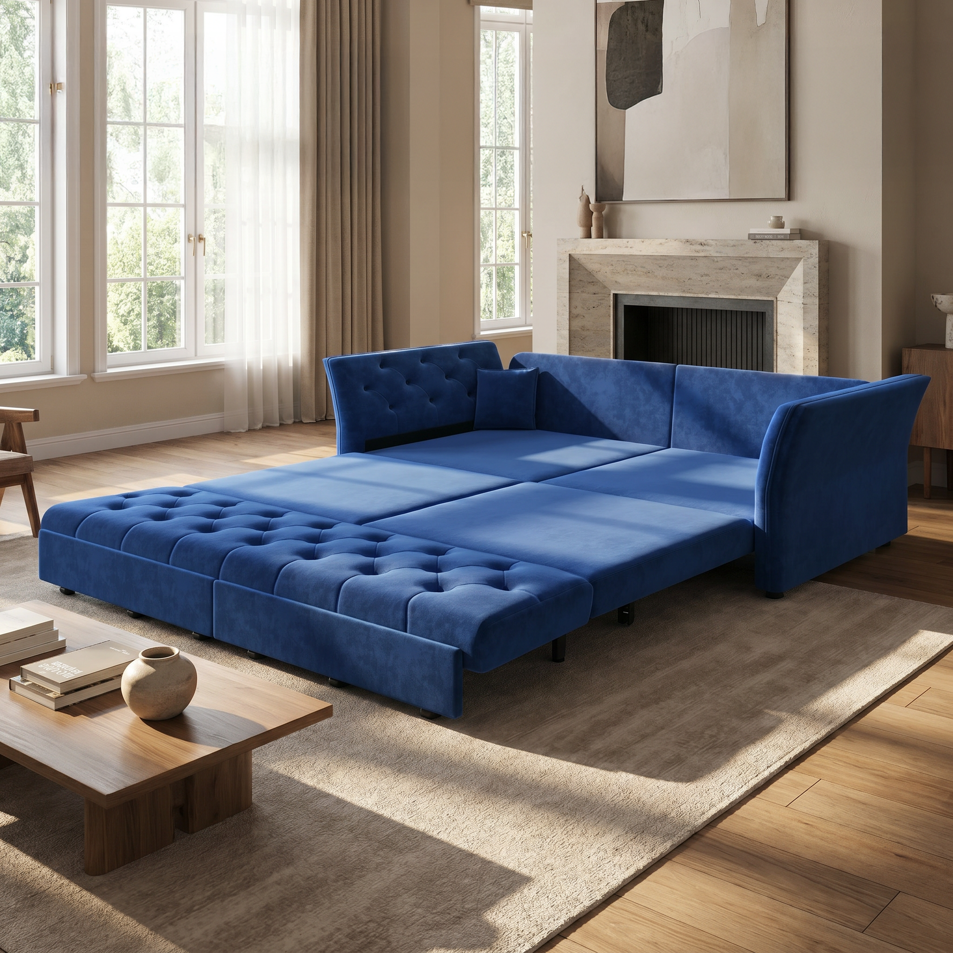 Brockton blue sleeper sofa showing expanded sleeper bed function in cozy sunlit living room with fireplace