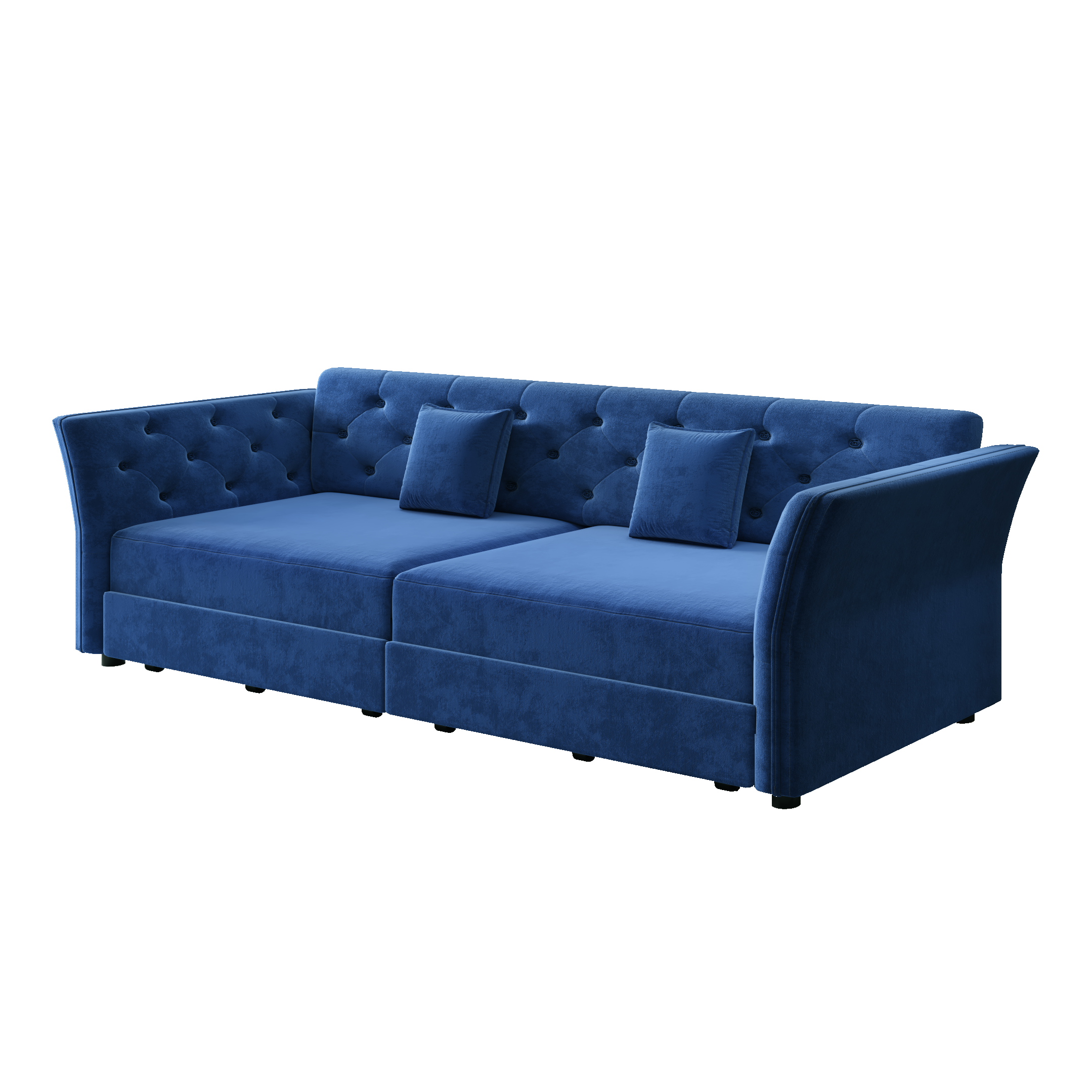 Brockton blue sleeper sofa showing angled front tufted velvet sofa image isolated on white background