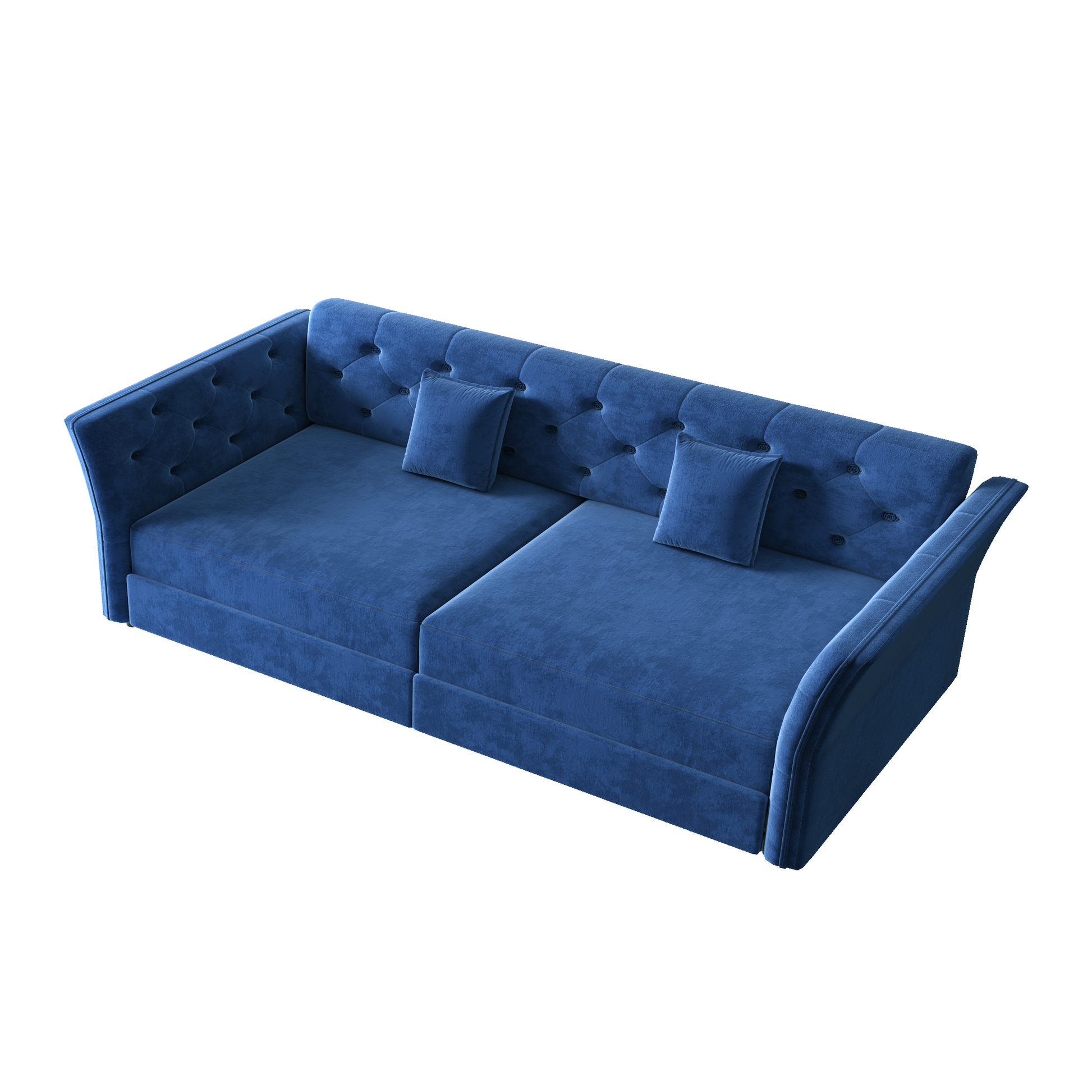 Brockton blue sleeper sofa showing elevated angled velvet sofa image isolated on white background
