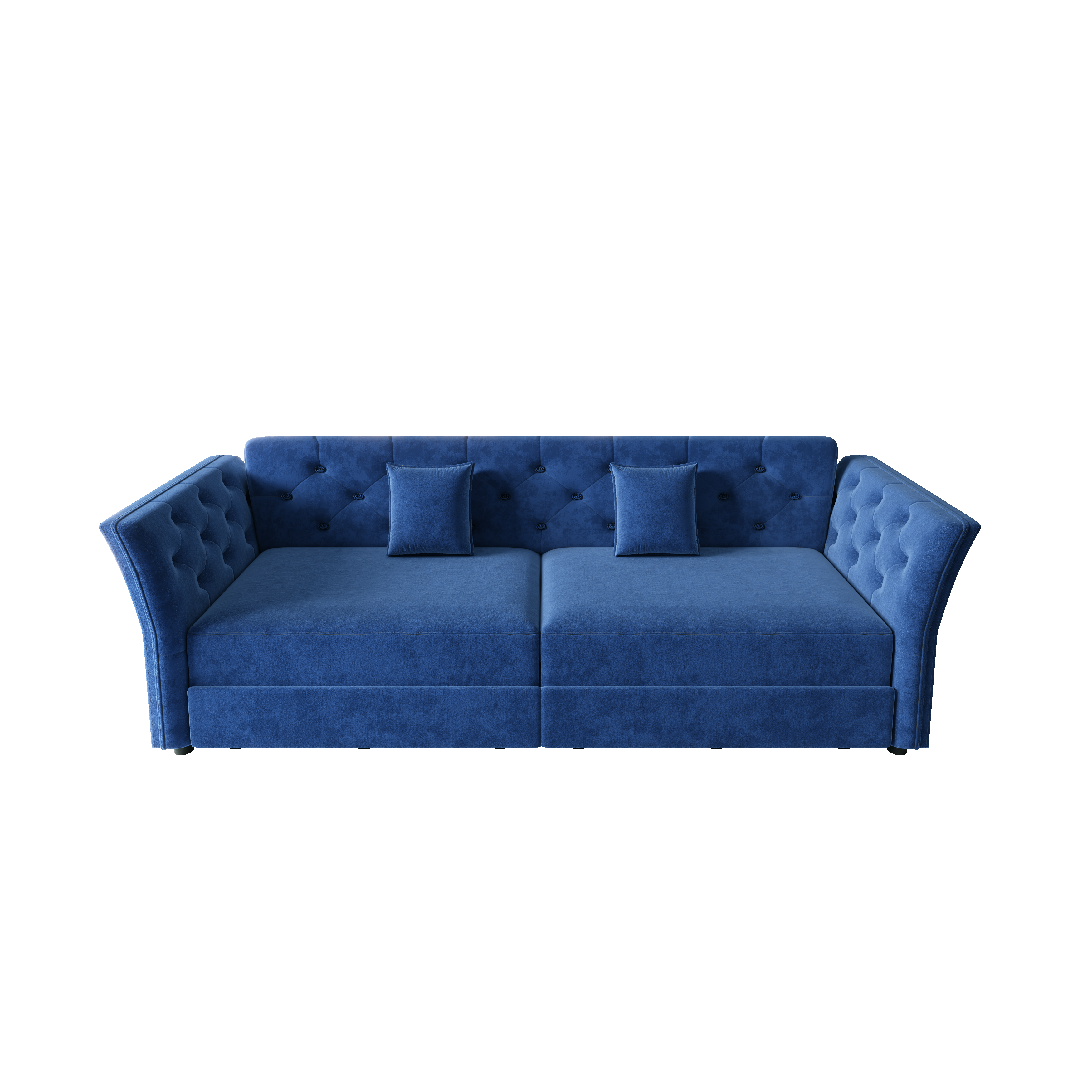 Brockton blue sleeper sofa showing front view tufted velvet sofa image isolated on white background