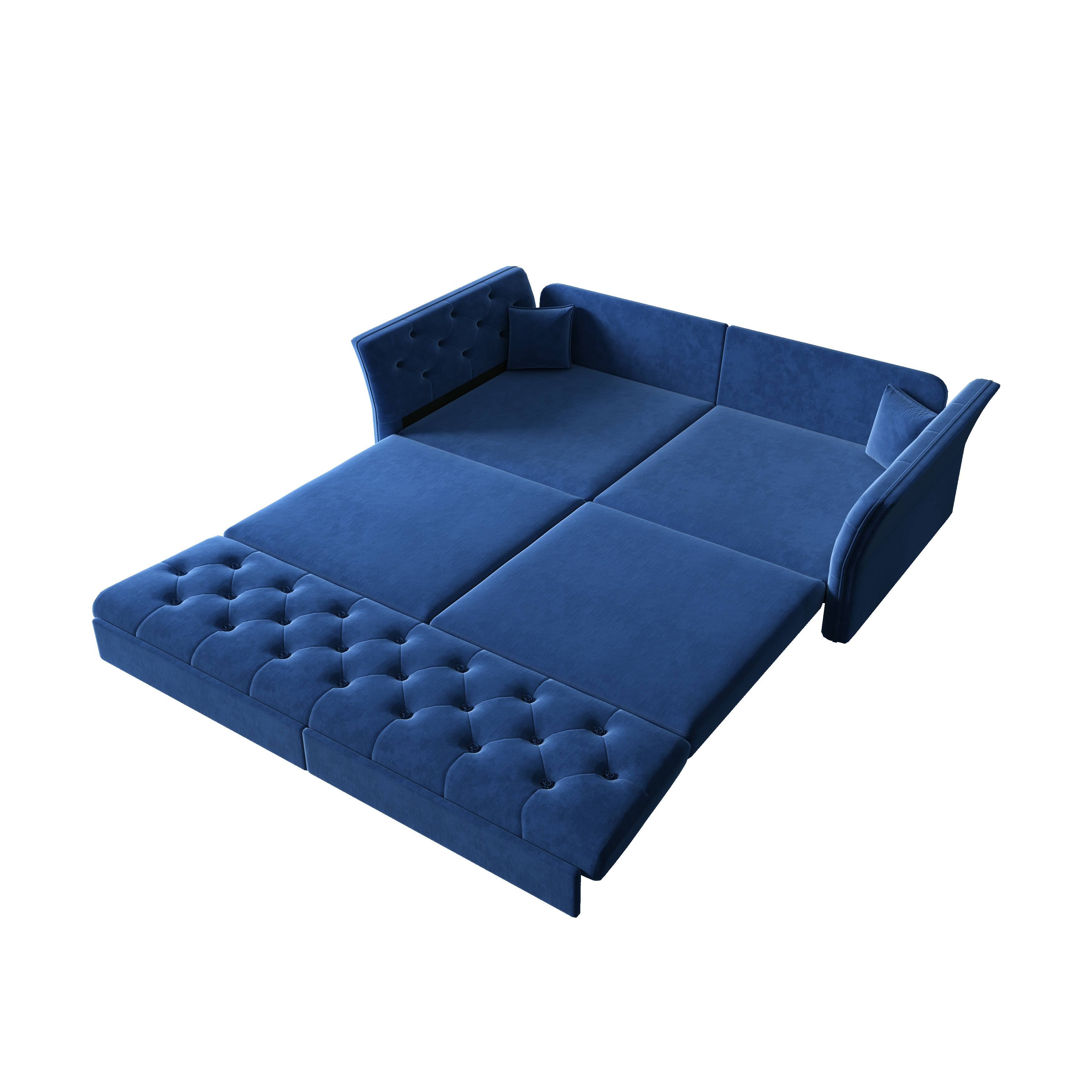 Brockton blue sleeper sofa showing angled queen pull out bed setup isolated on white background