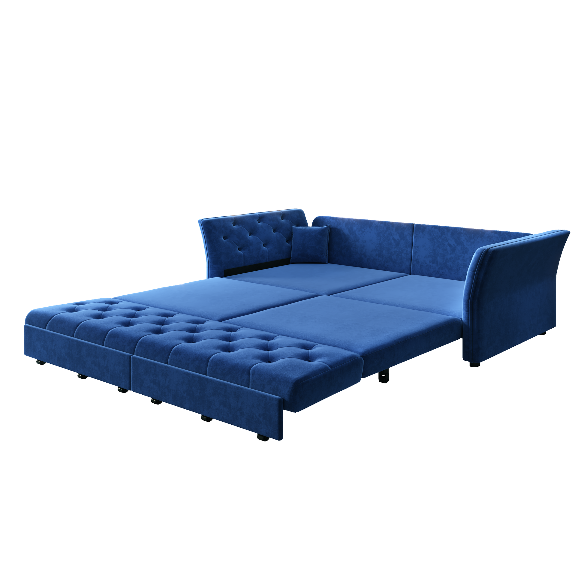 Brockton blue sleeper sofa showing front angled queen sleeper bed configuration isolated on white background