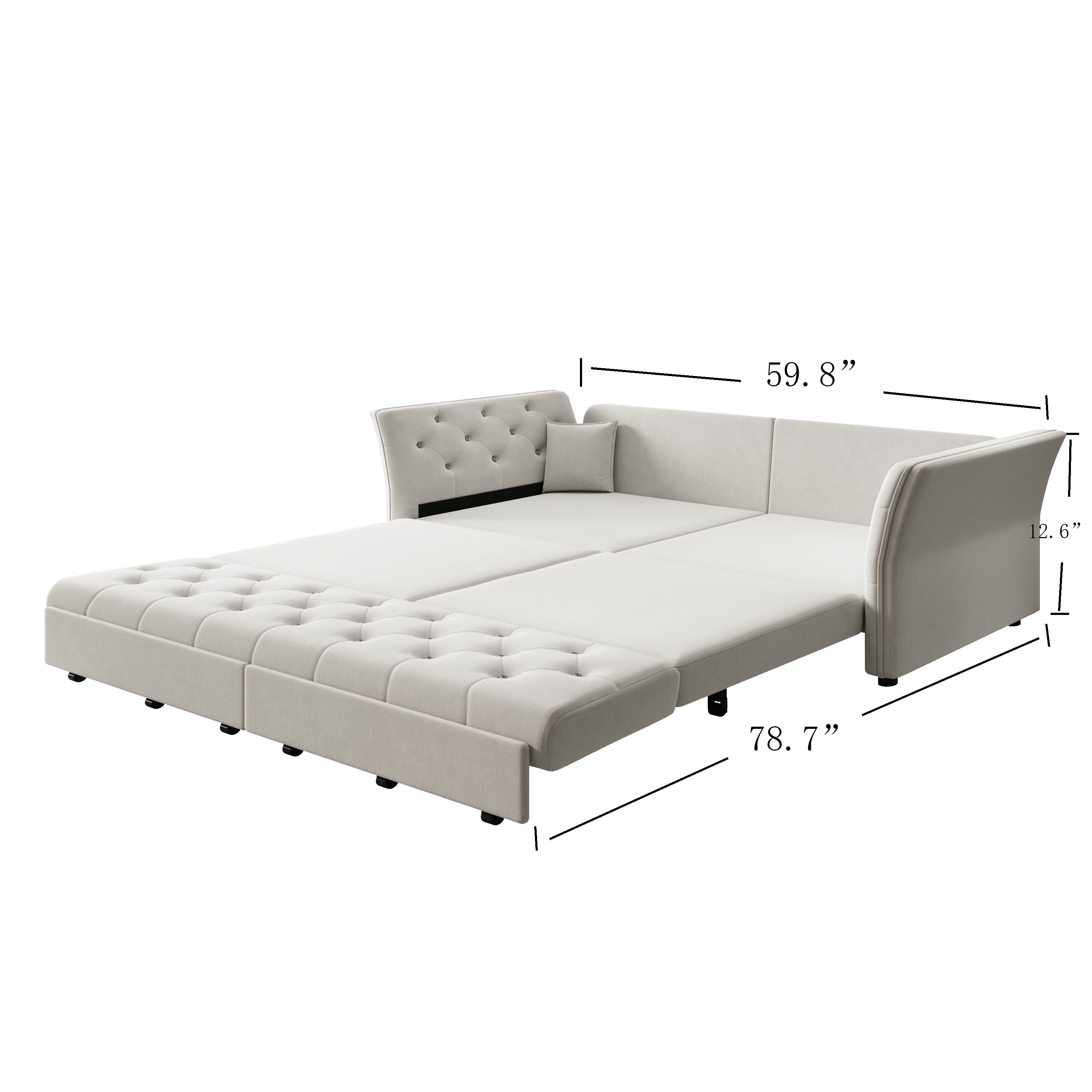 Brockton grey sleeper sofa showing queen pull out bed product dimensions and size chart isolated on white background