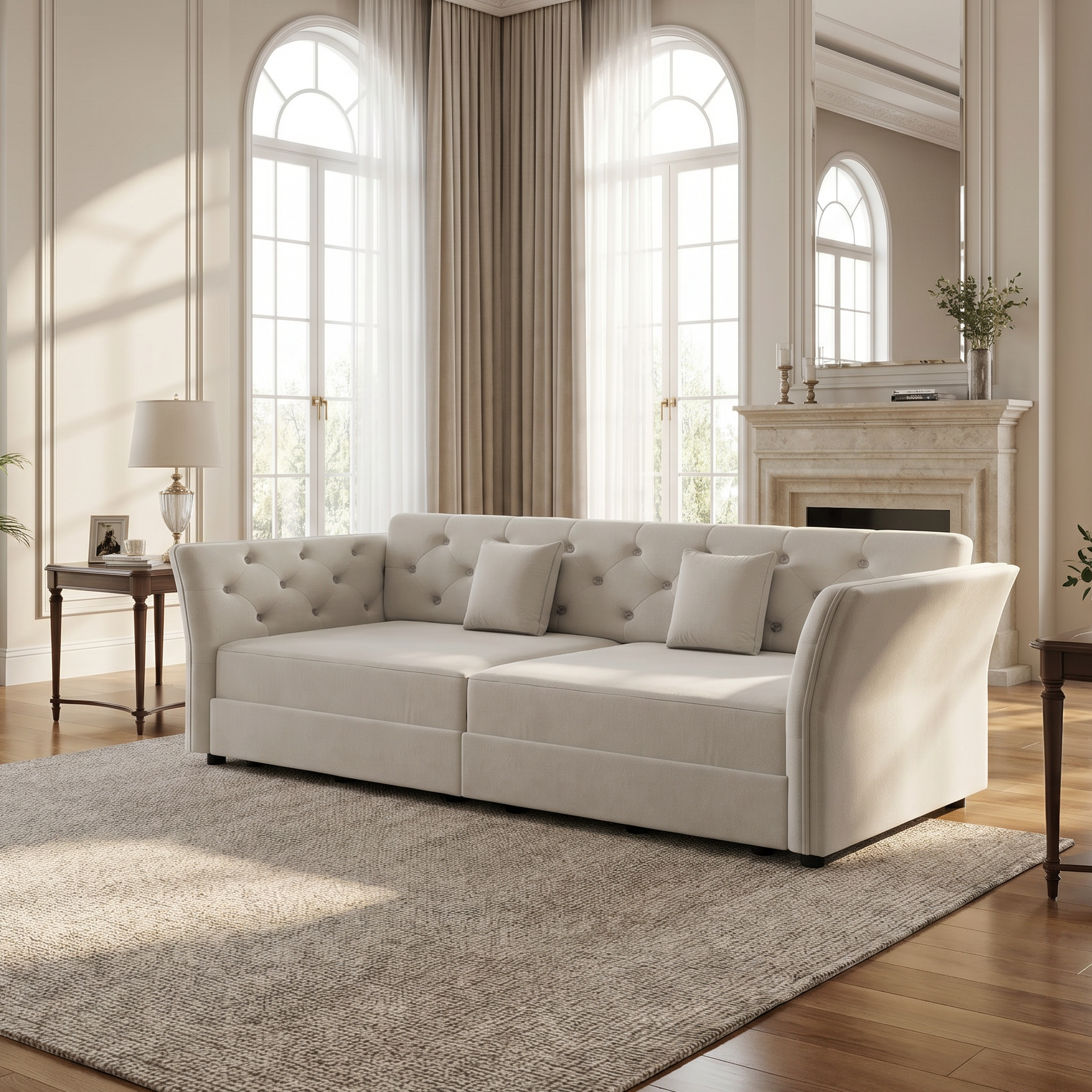 Brockton grey sleeper sofa showing tufted velvet seating in elegant living room with tall arched windows