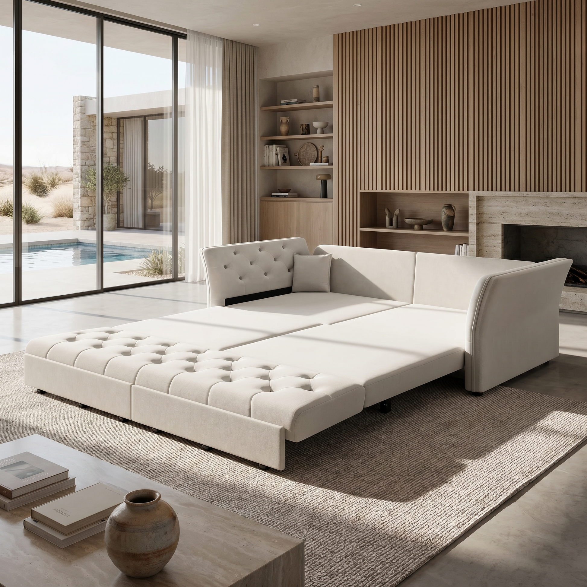 Brockton grey sleeper sofa showing queen pull out bed setup in modern living room with poolside view