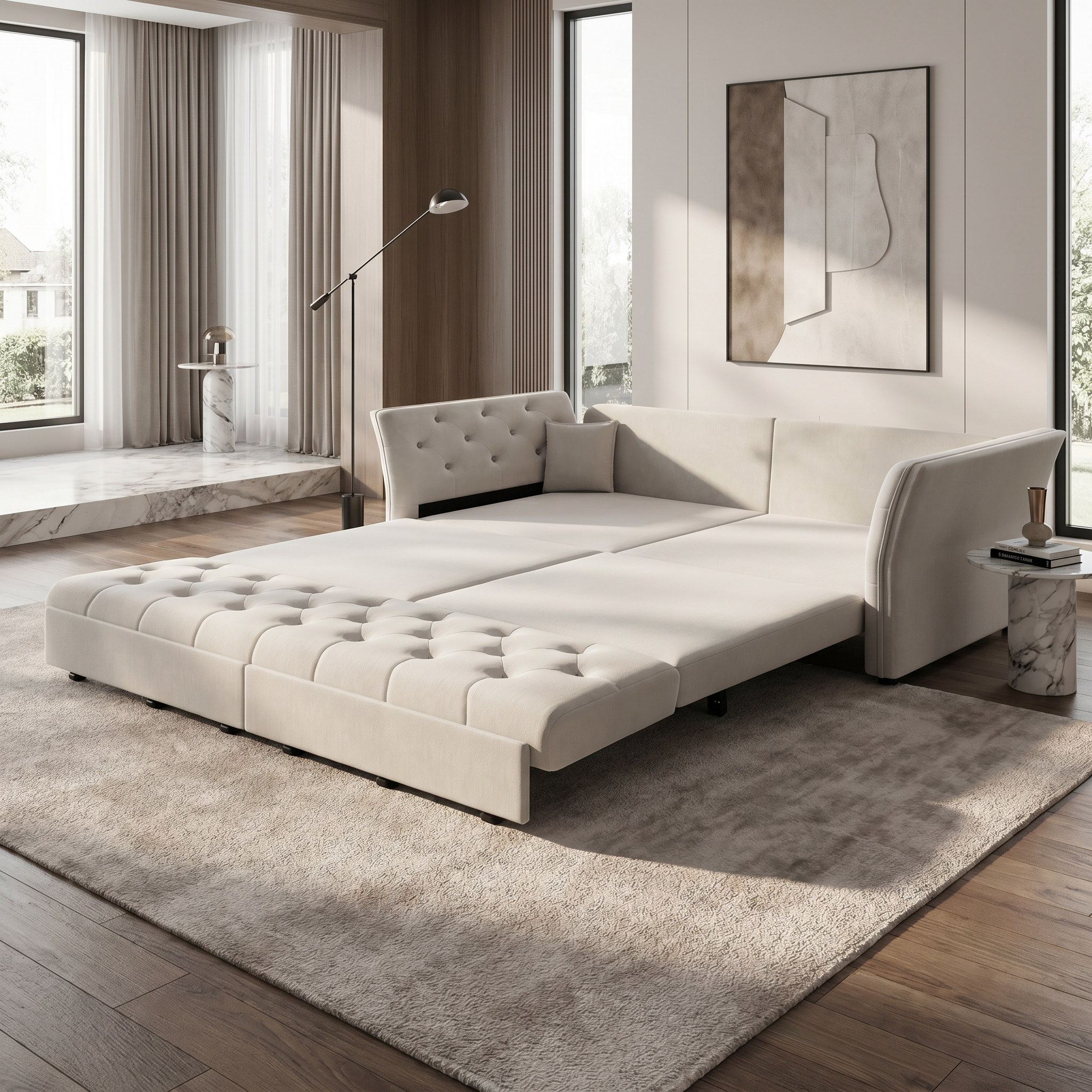 Brockton grey sleeper sofa showing expanded queen bed function in contemporary living room with wood accents