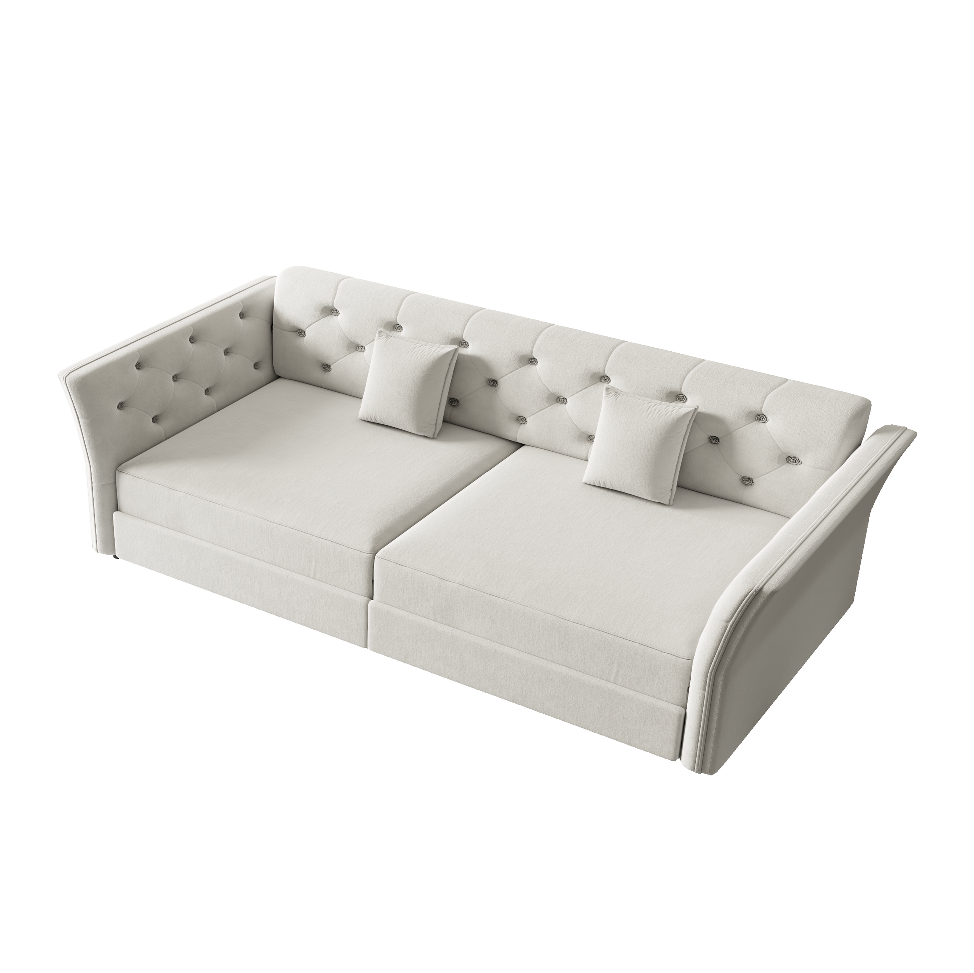 Brockton grey sleeper sofa showing angled tufted velvet sofa image isolated on white background