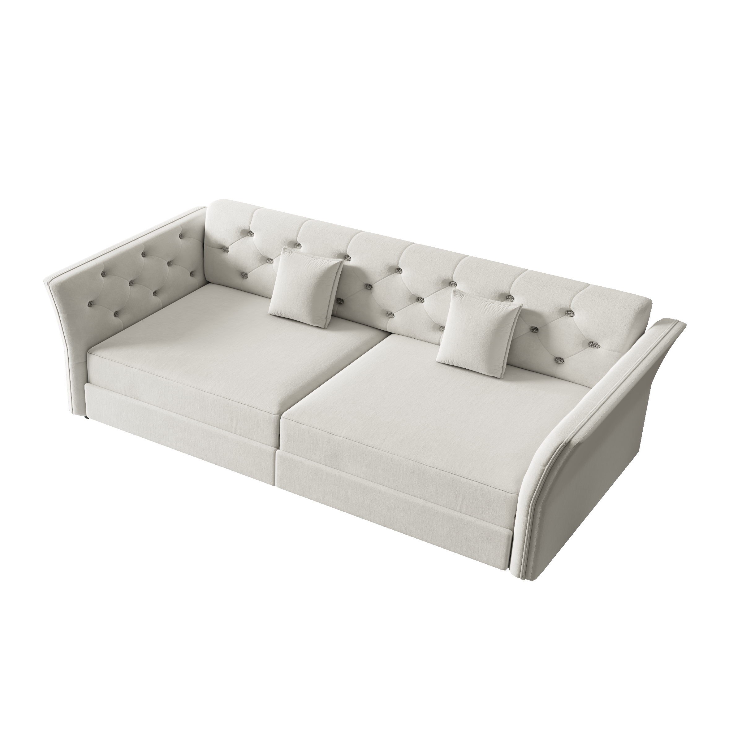 Brockton grey sleeper sofa showing angled tufted velvet sofa image isolated on white background
