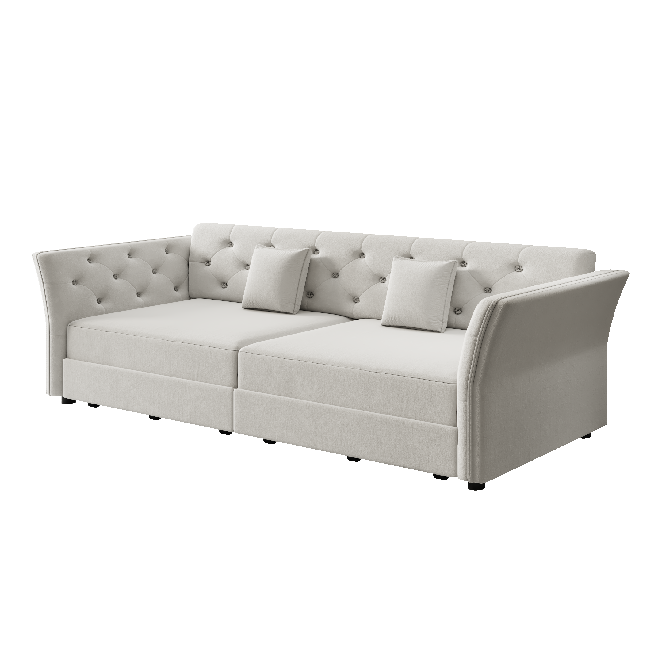 Brockton grey sleeper sofa showing front angled tufted sofa image isolated on white background