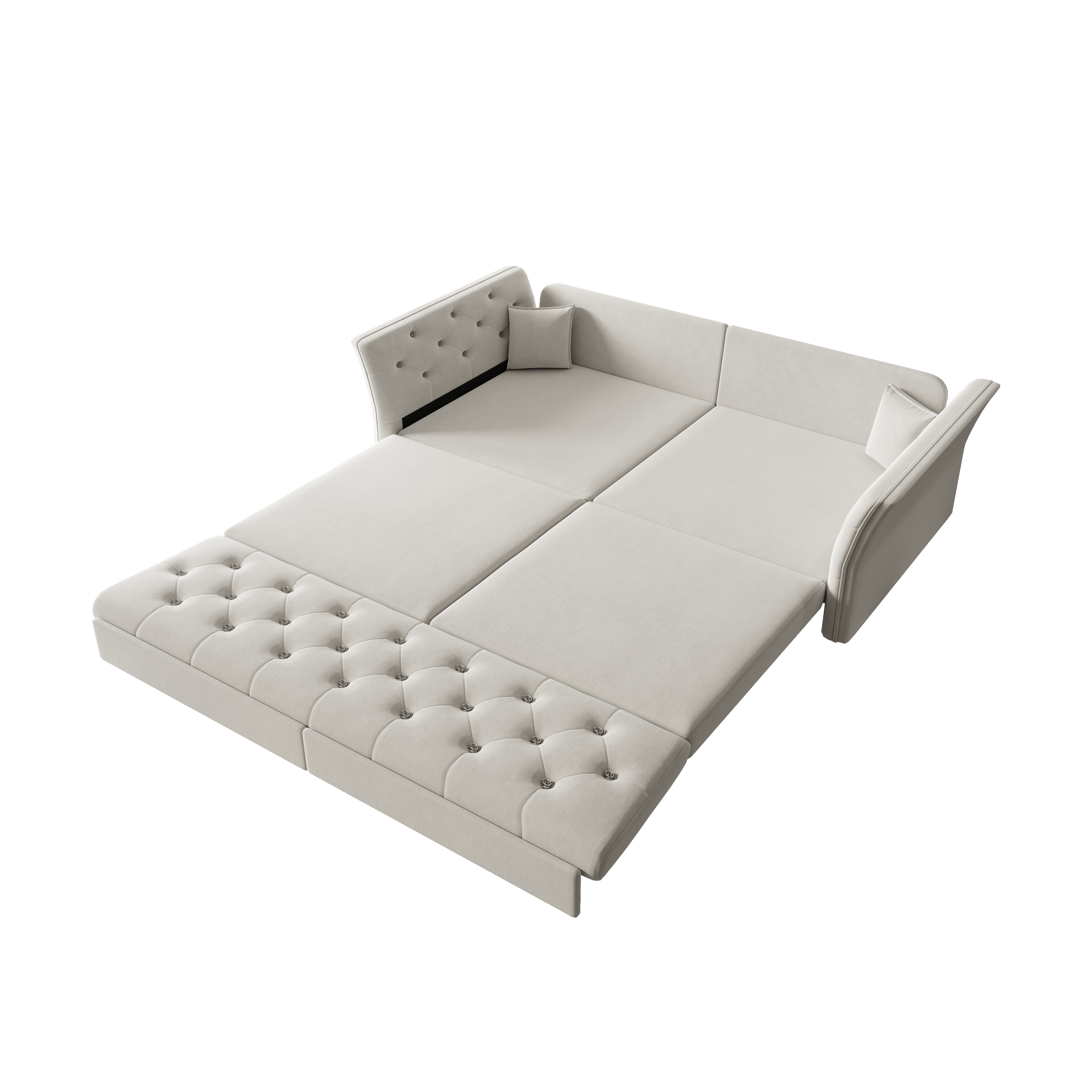 Brockton grey sleeper sofa showing angled queen pull out bed setup isolated on white background