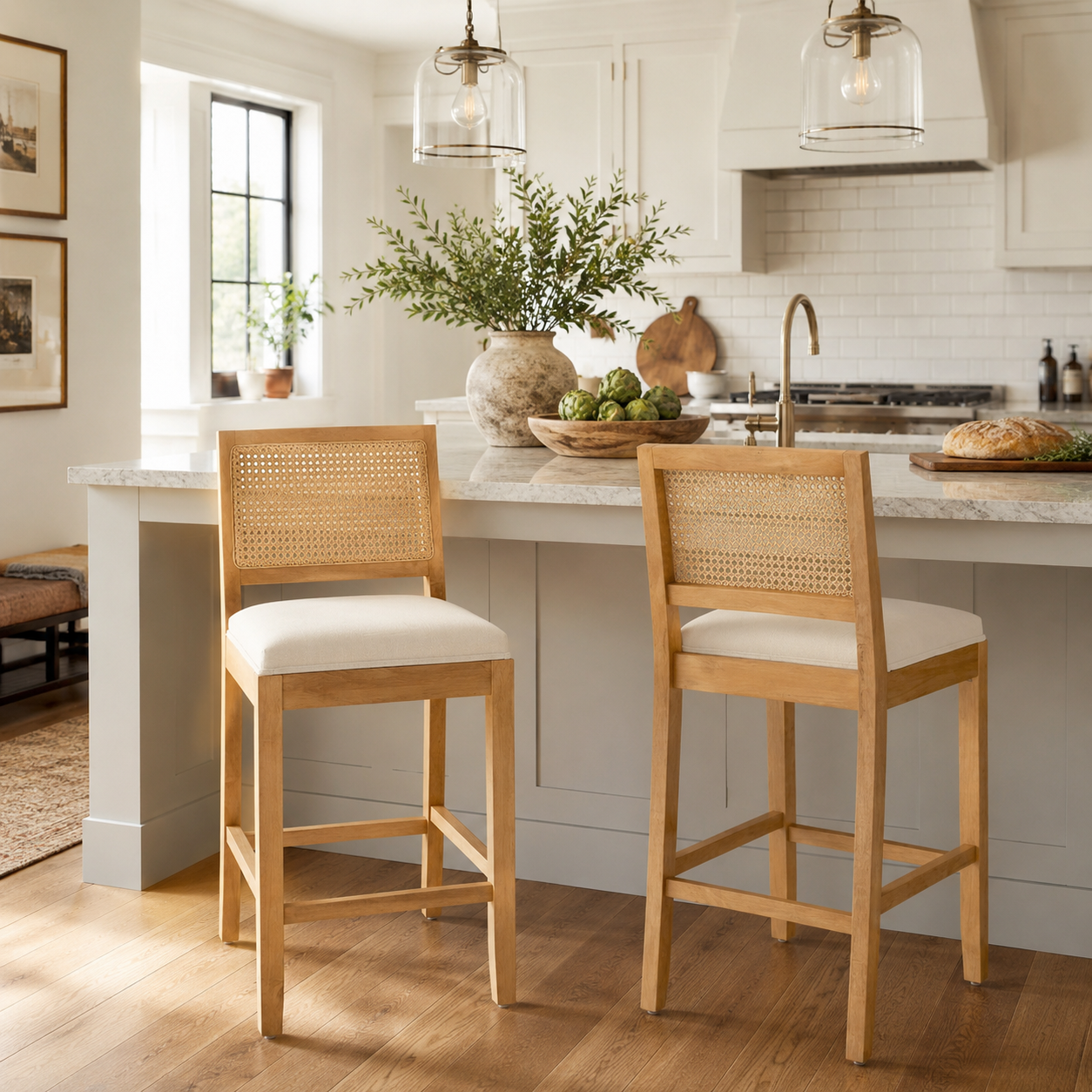 Brunello 28" Solid Wood Rattan Back Upholstered Bar Stools Set of 2