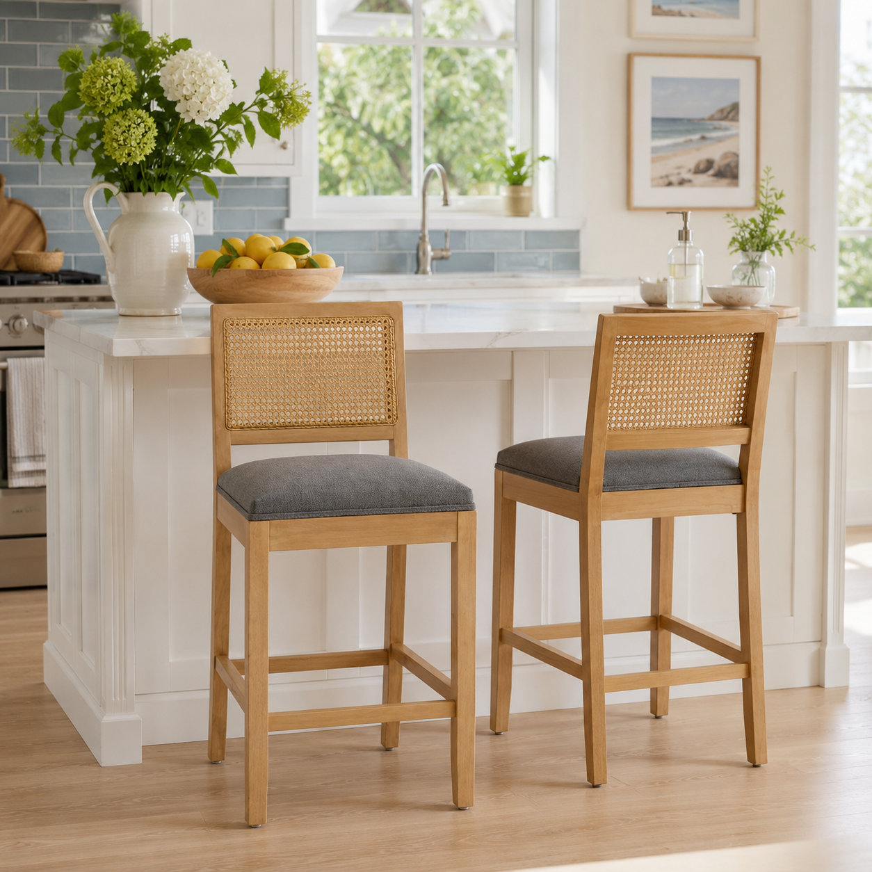 Brunello 28" Solid Wood Rattan Back Upholstered Bar Stools Set of 2