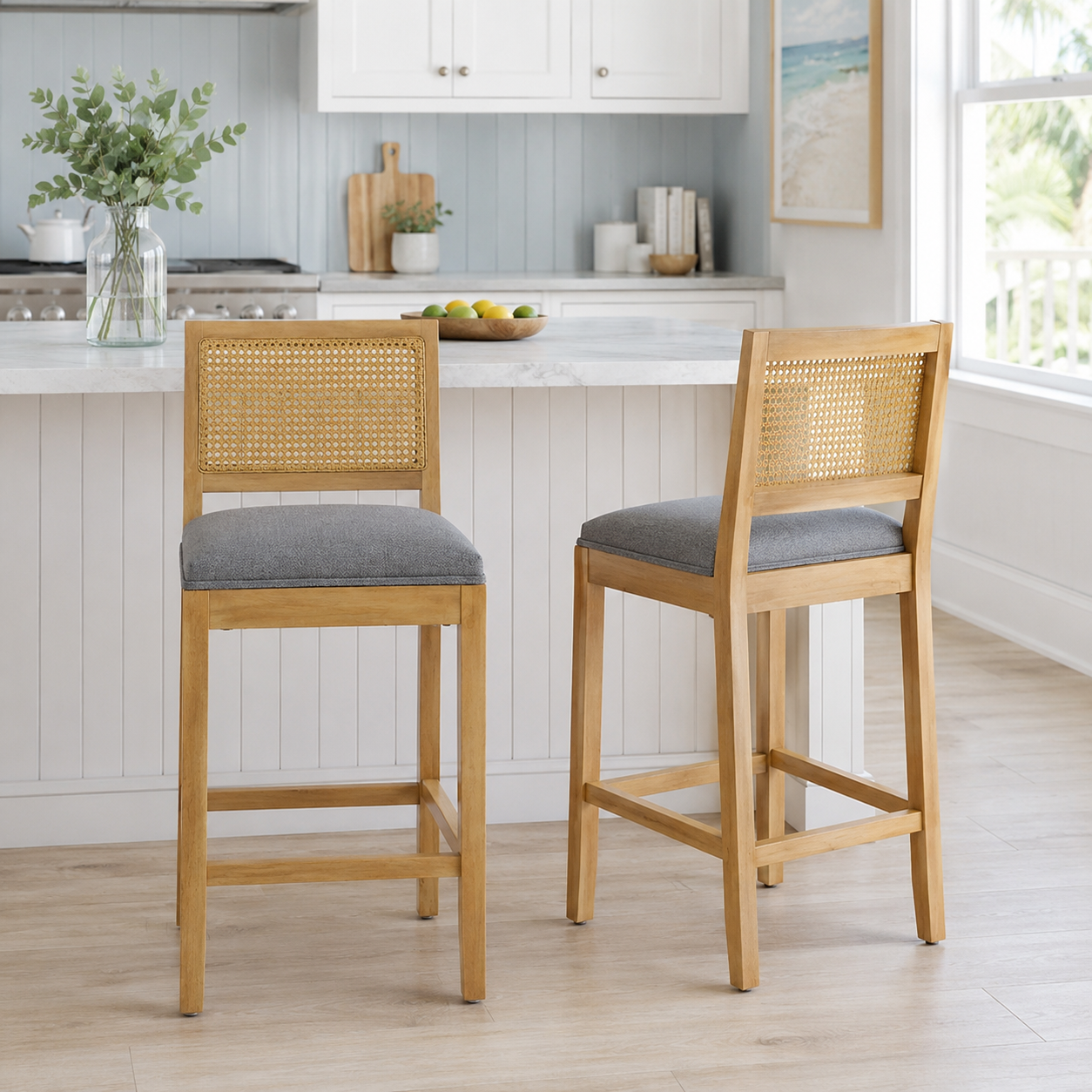 Brunello 28" Solid Wood Rattan Back Upholstered Bar Stools Set of 2
