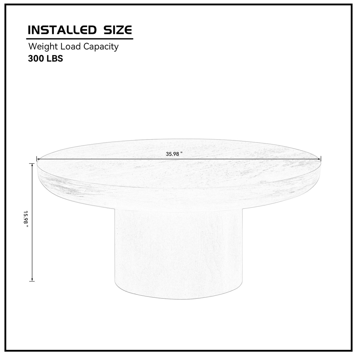 Brutoni brown 36 inch round coffee table showing product dimensions with pedestal base