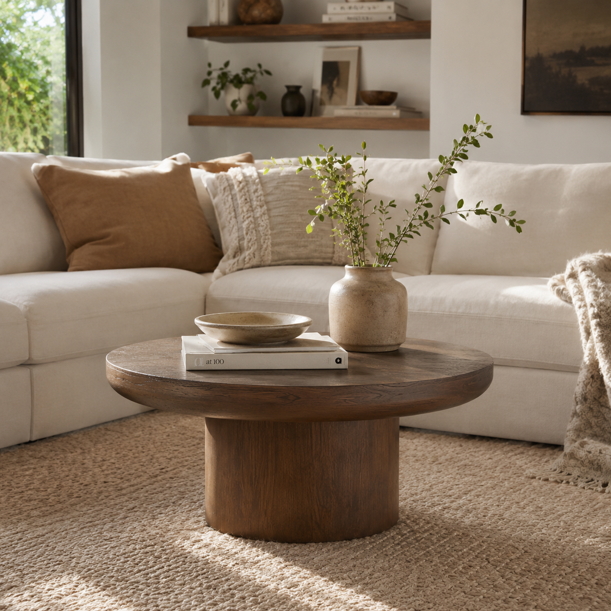 Brutoni brown round coffee table with thick oak-toned top and pedestal base in a bright living room with cream sofa