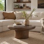 Brutoni brown round coffee table with thick oak-toned top and pedestal base in a bright living room with cream sofa