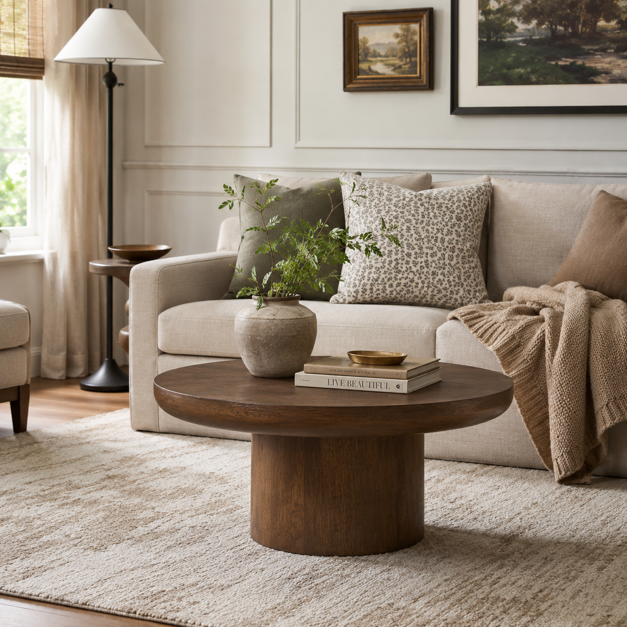 Brutoni brown round coffee table in a cozy living room with neutral sectional sofa and natural decor