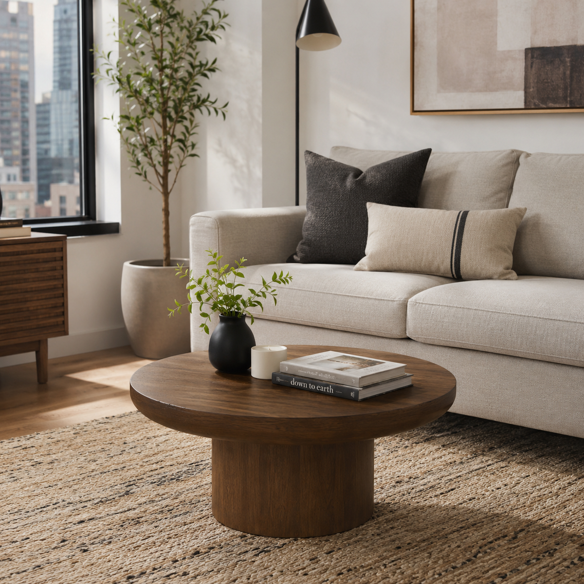 Brutoni brown round coffee table with pedestal base centered in a warm contemporary living room