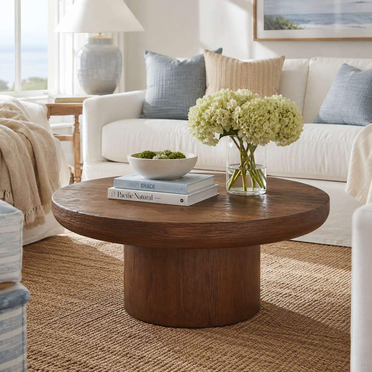 Brutoni brown coffee table with thick oak-toned top in a bright living room with cream seating