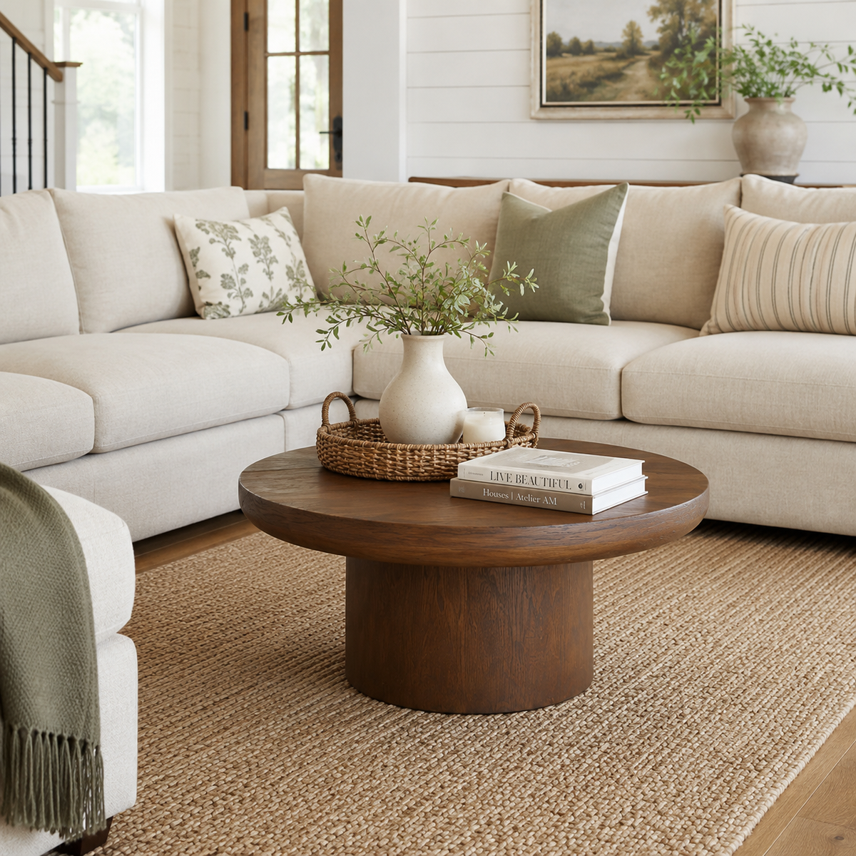 Brutoni brown round pedestal coffee table beside a cream sectional sofa in a softly styled living room