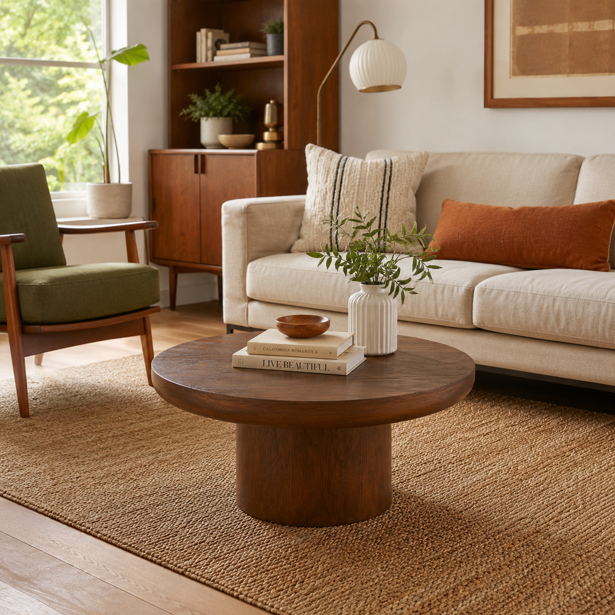 Brutoni brown round coffee table in a warm living room with layered neutral furnishings