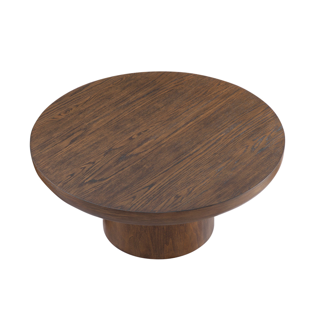 Brutoni brown 36 inch round coffee table angled top view on white background