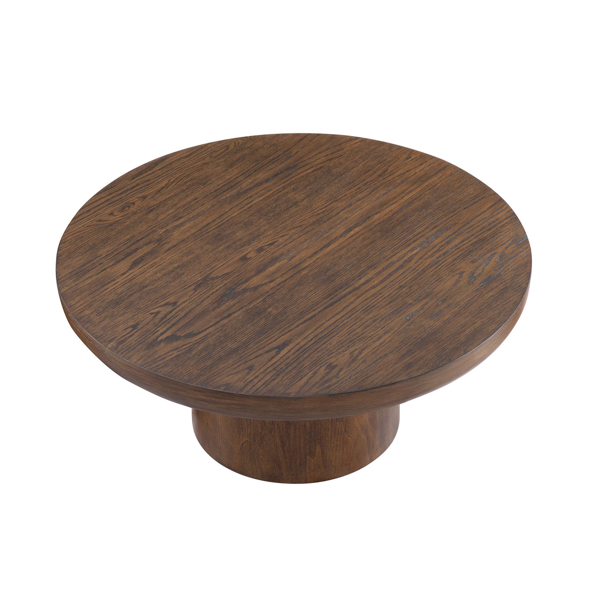 Brutoni brown 36 inch round coffee table angled top view on white background