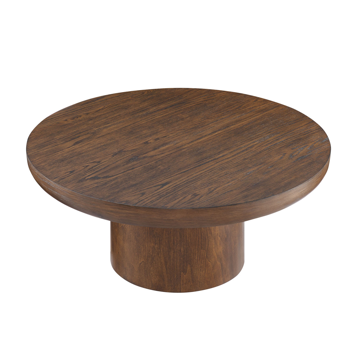 Brutoni brown round coffee table front angled view with pedestal base on white background