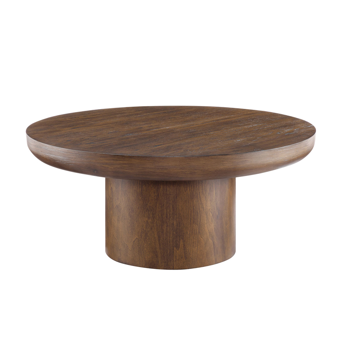 Brutoni brown round coffee table side view showing thick tabletop and pedestal base on white background