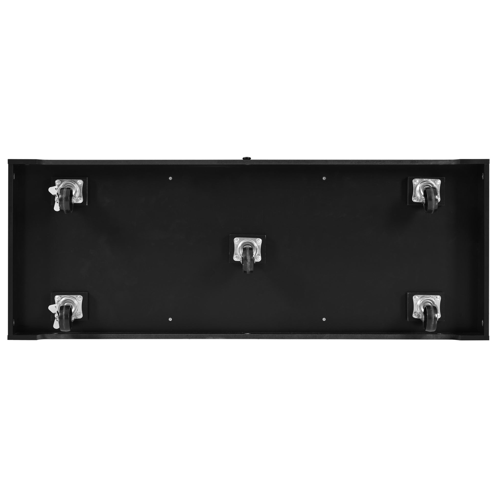 Bottom view of the BRYNNA black rolling kitchen island featuring five caster wheels with locking function for smooth mobility and stable positioning