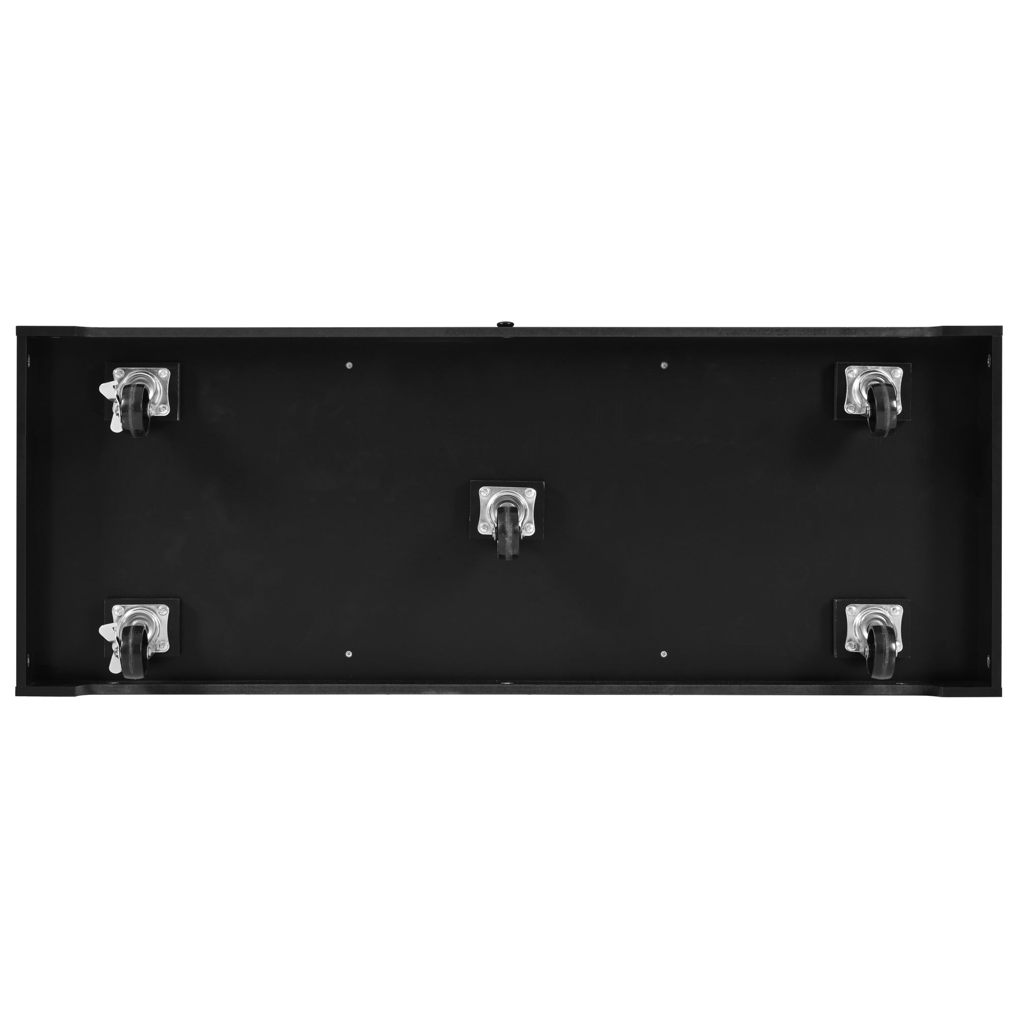 Bottom view of the BRYNNA black rolling kitchen island featuring five caster wheels with locking function for smooth mobility and stable positioning