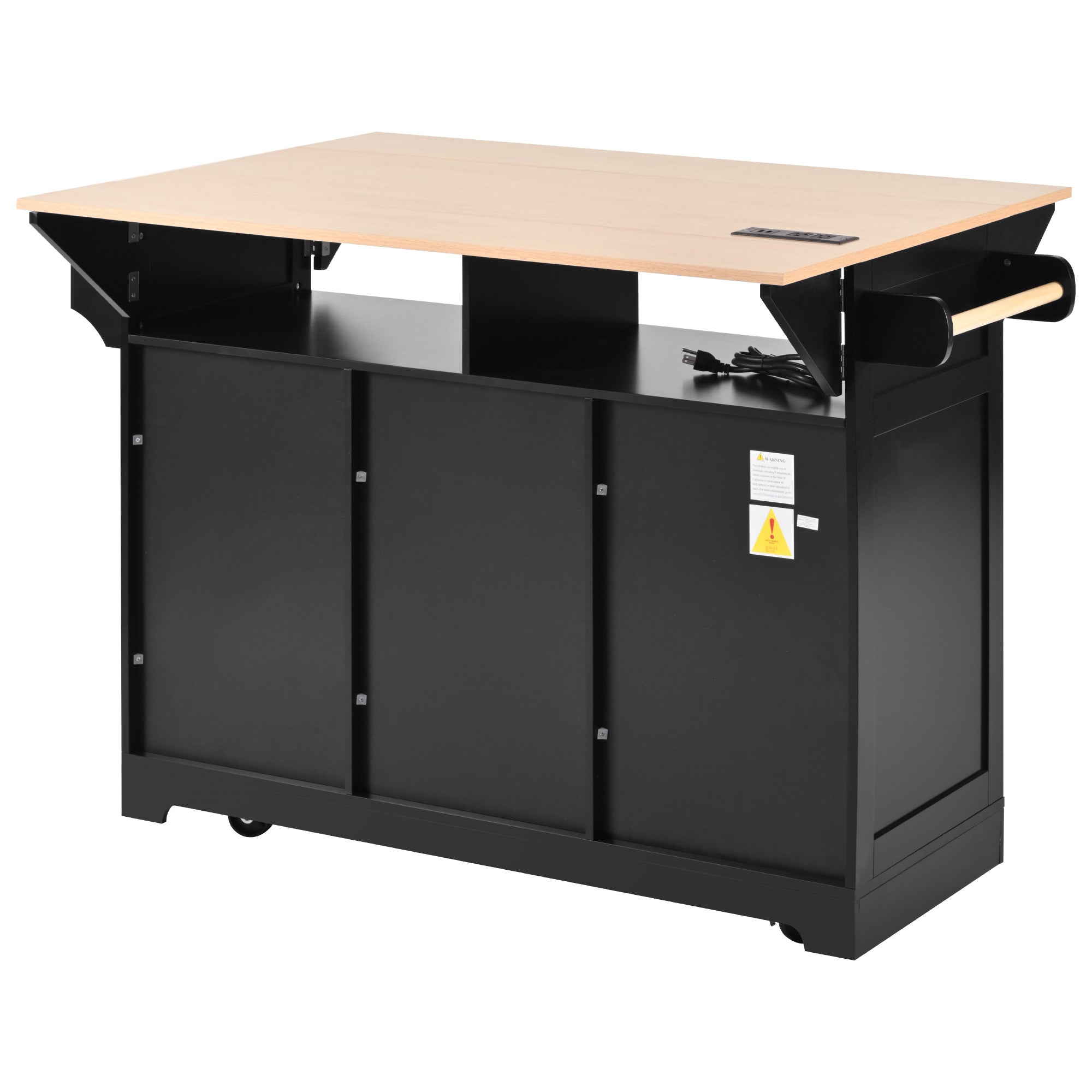 Back view of the black BRYNNA rolling kitchen island with extended drop leaf countertop, towel bar, built in power cord, and open rear storage design
