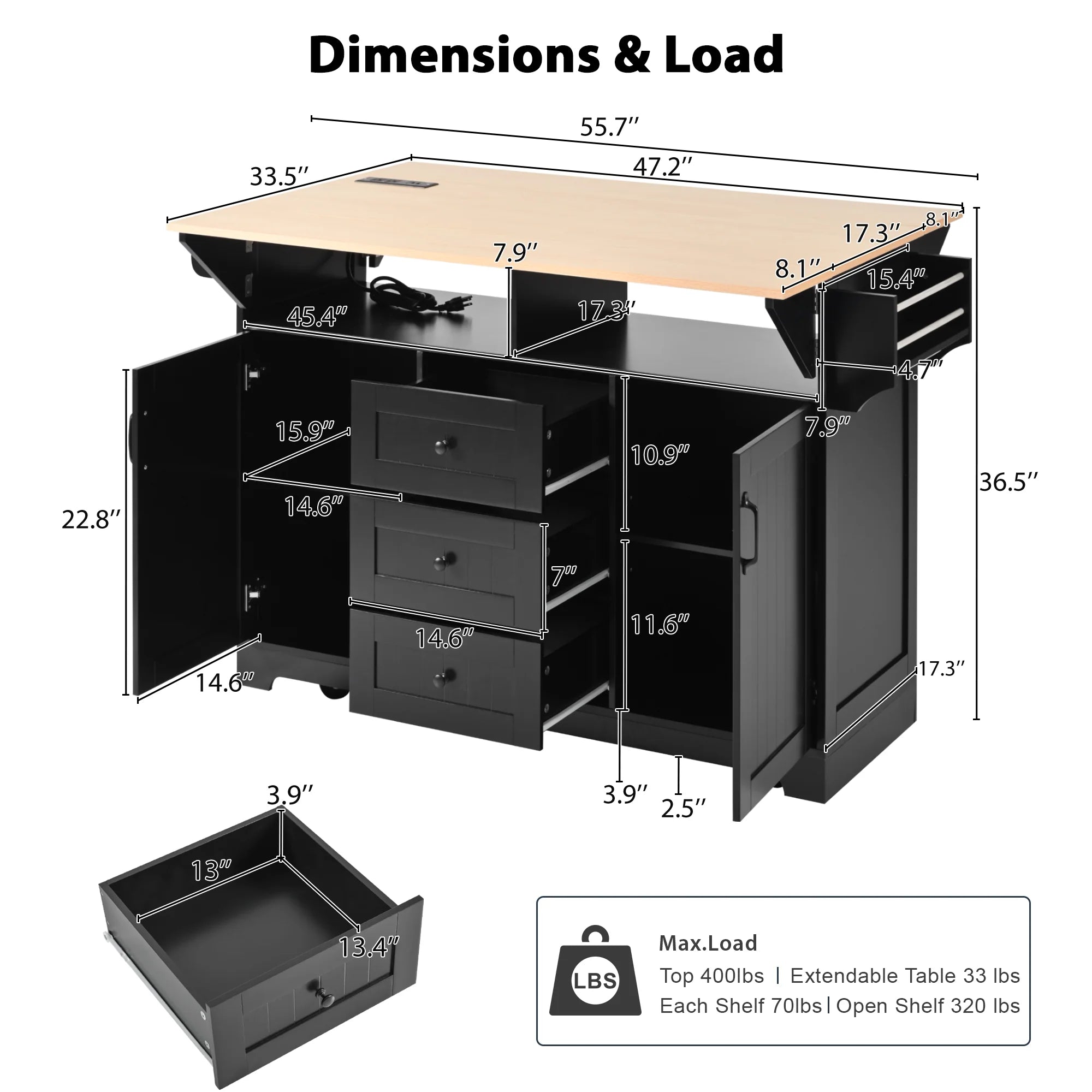 Dimensions and load capacity chart for the black BRYNNA rolling kitchen island showing expandable tabletop measurements, drawer sizes, cabinet storage dimensions, and weight capacity details