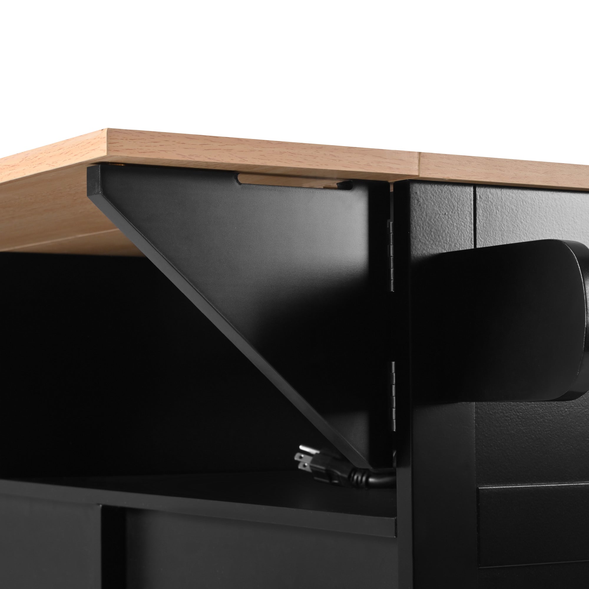 Close-up detail of the BRYNNA black kitchen island showing reinforced drop leaf support bracket, foldable tabletop extension, and sturdy farmhouse-style construction