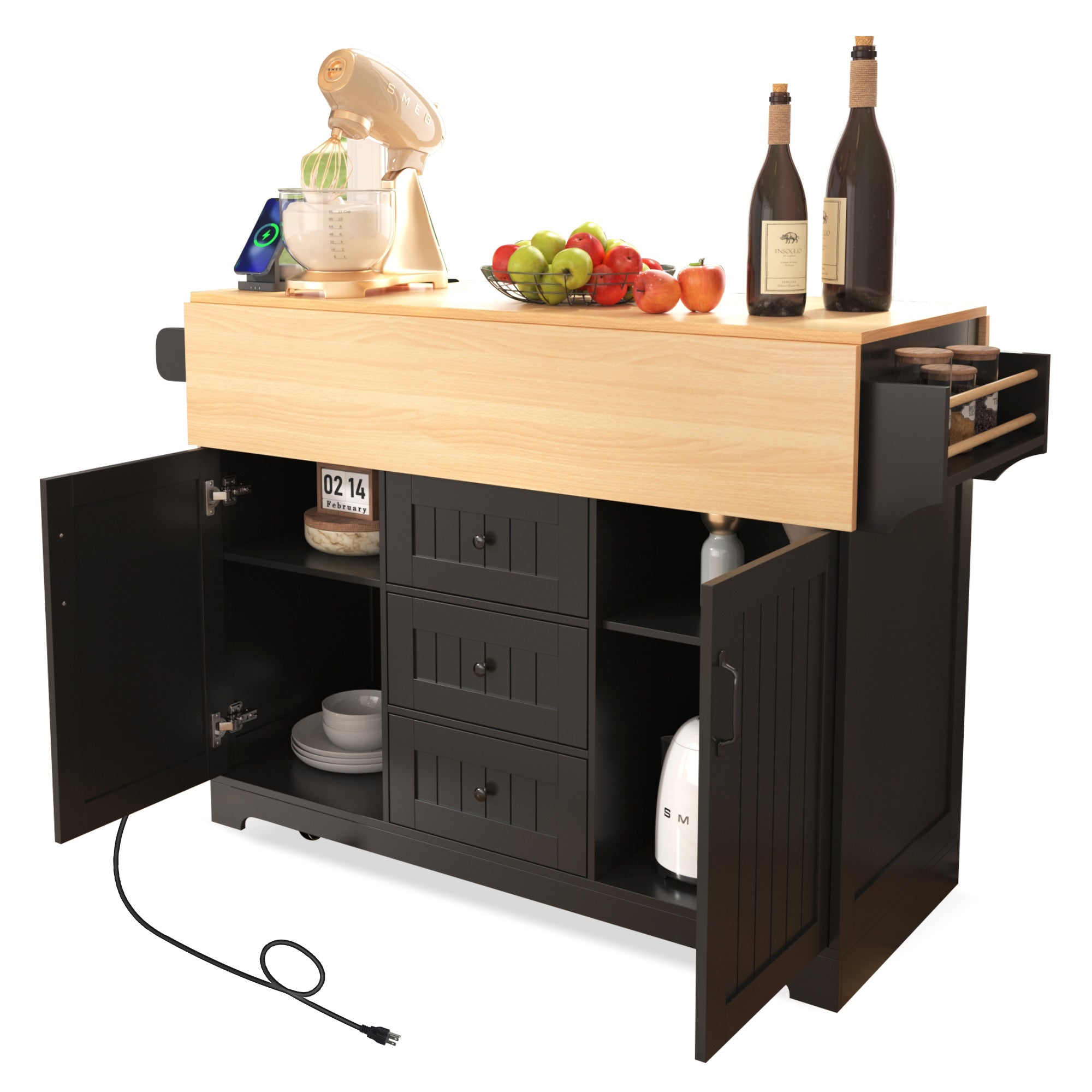 Front angled view of the black BRYNNA rolling kitchen island with folded drop leaf tabletop, open cabinet doors, center drawers, spice rack, and built in charging station for compact kitchen storage