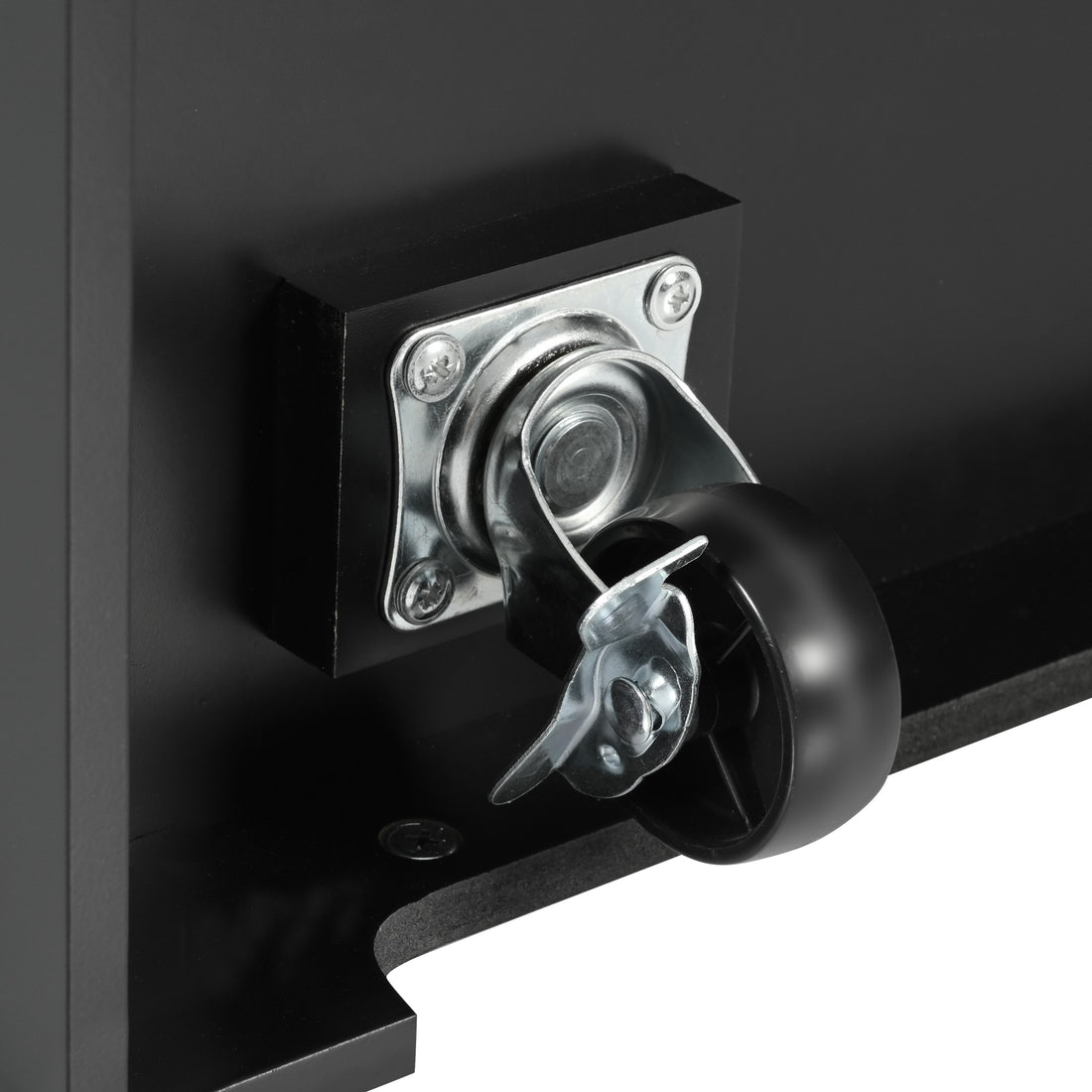 Close-up detail of the BRYNNA black rolling kitchen island featuring durable locking caster wheel for smooth movement and stable positioning in kitchen spaces