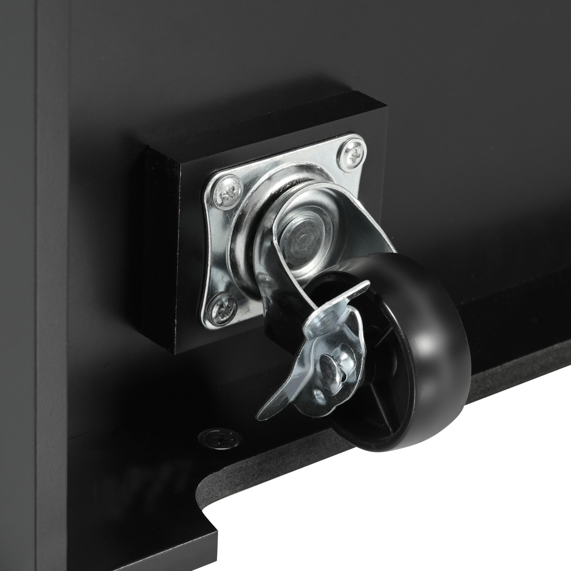 Close-up detail of the BRYNNA black rolling kitchen island featuring durable locking caster wheel for smooth movement and stable positioning in kitchen spaces