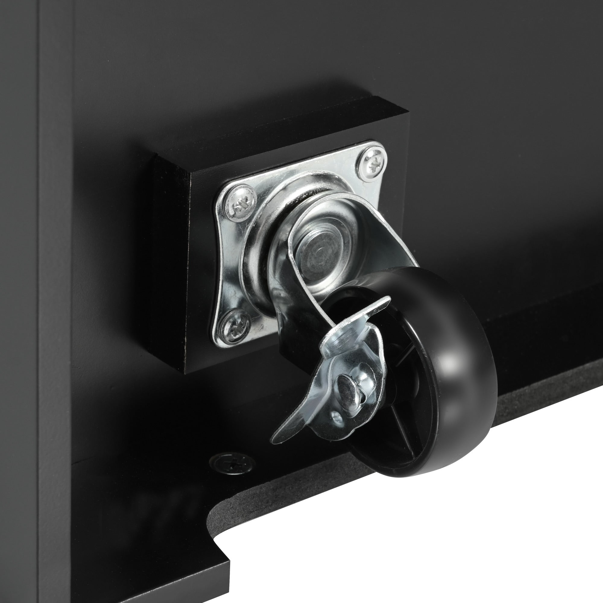 Close-up detail of the BRYNNA black rolling kitchen island featuring durable locking caster wheel for smooth movement and stable positioning in kitchen spaces