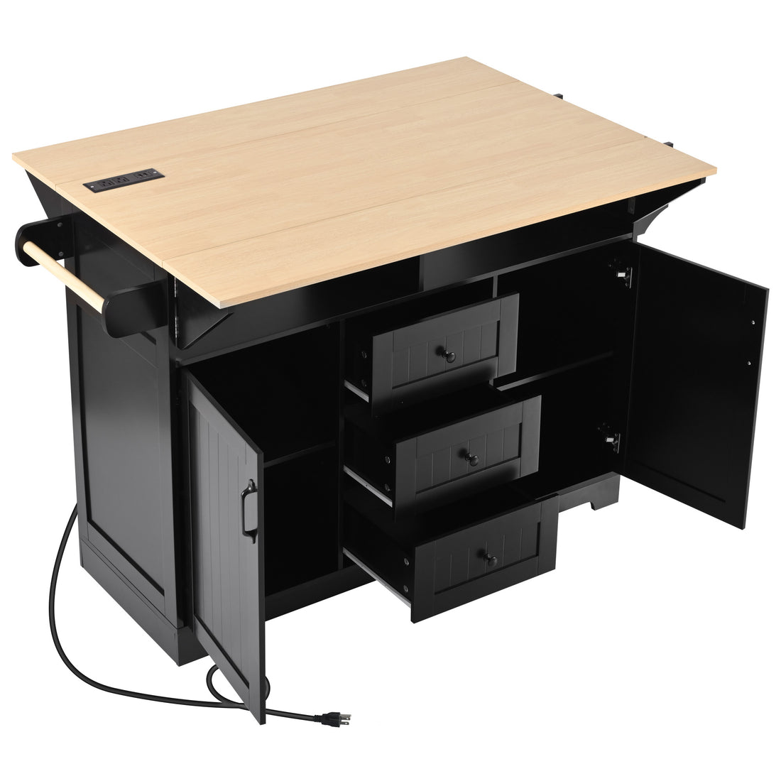 Angled view of the black BRYNNA rolling kitchen island with cabinet doors open, pull out drawers, interior shelving, towel bar, and expanded drop leaf countertop with built in charging station