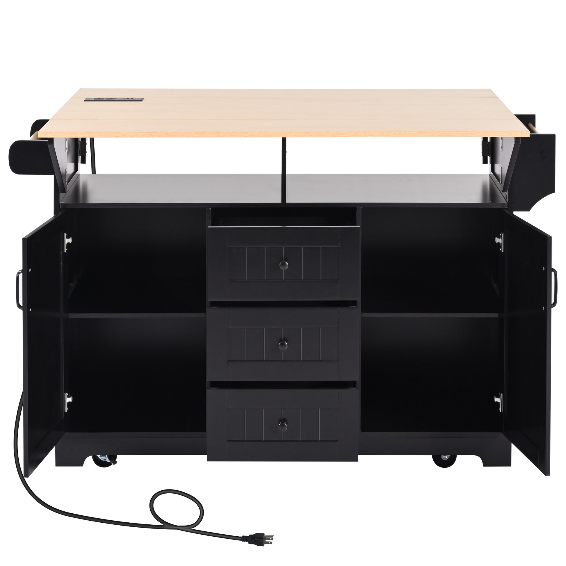 Front view of the black BRYNNA rolling kitchen island with cabinet doors open, pull out drawers, spacious interior shelving, and expanded drop leaf countertop with built in power outlet