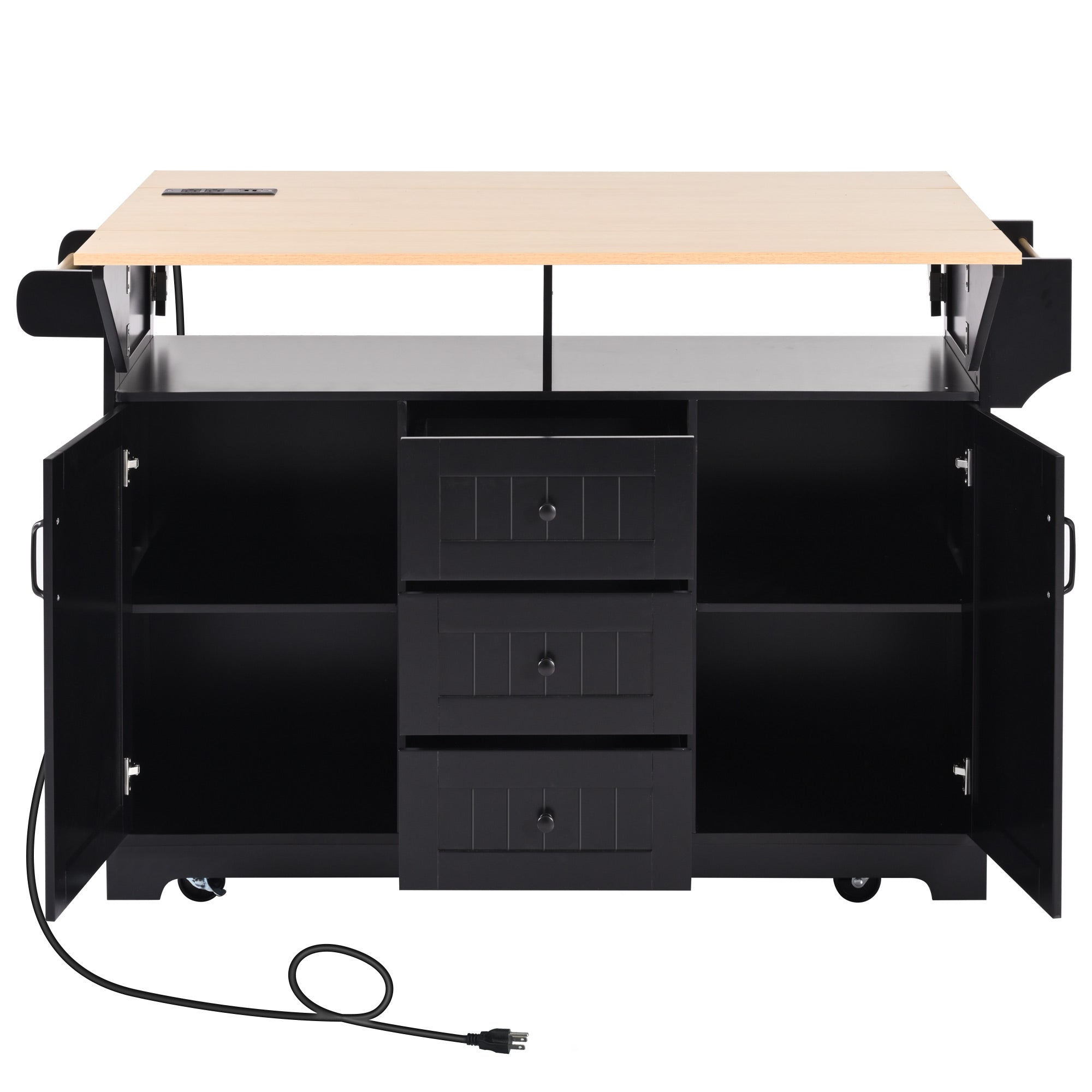 Front view of the black BRYNNA rolling kitchen island with cabinet doors open, pull out drawers, spacious interior shelving, and expanded drop leaf countertop with built in power outlet