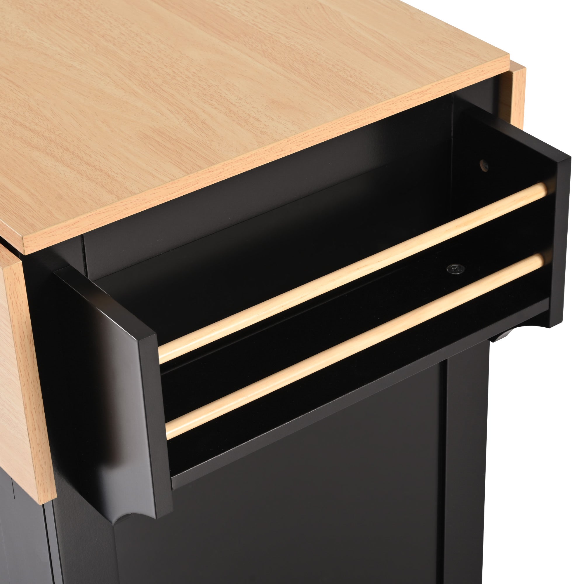 Close-up detail of the BRYNNA black kitchen island featuring built-in side spice rack with dual wooden rails and natural wood countertop finish